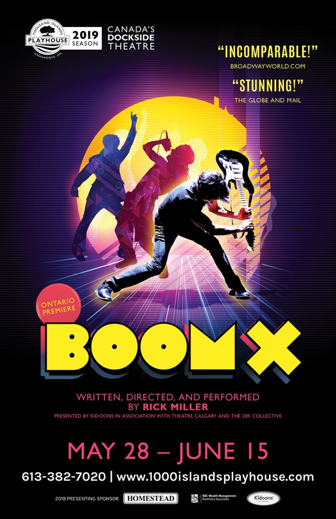 Poster for a theatre show of a man dancing, singing, and smashing a guitar