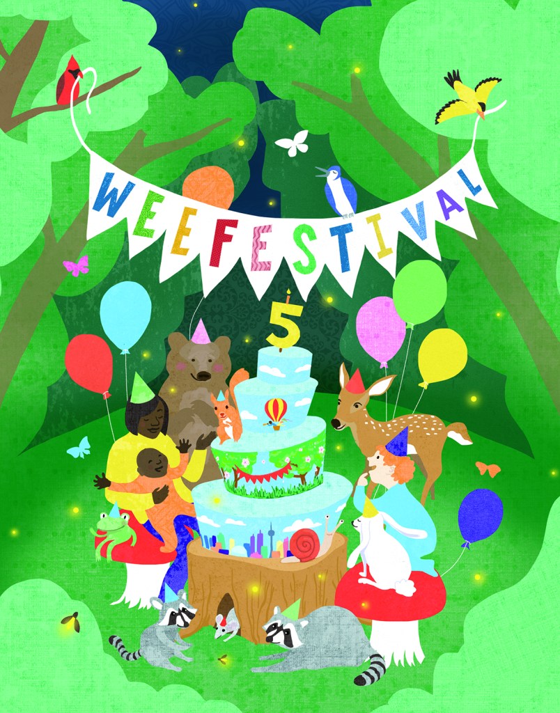Poster image for WeeFestival 2020, animals and young children surround a birthday cake in the forest
